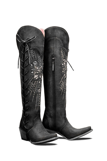 Botas vaqueras de longitud media bordadas con punta puntiaguda negra